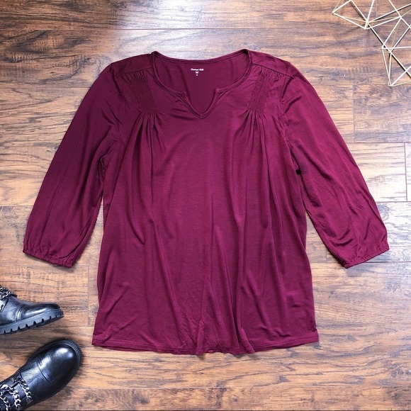 Garnet Hill • Pleat-Detail Knit Tunic burgundy maroon top tee shirred tencel - Picture 1 of 10